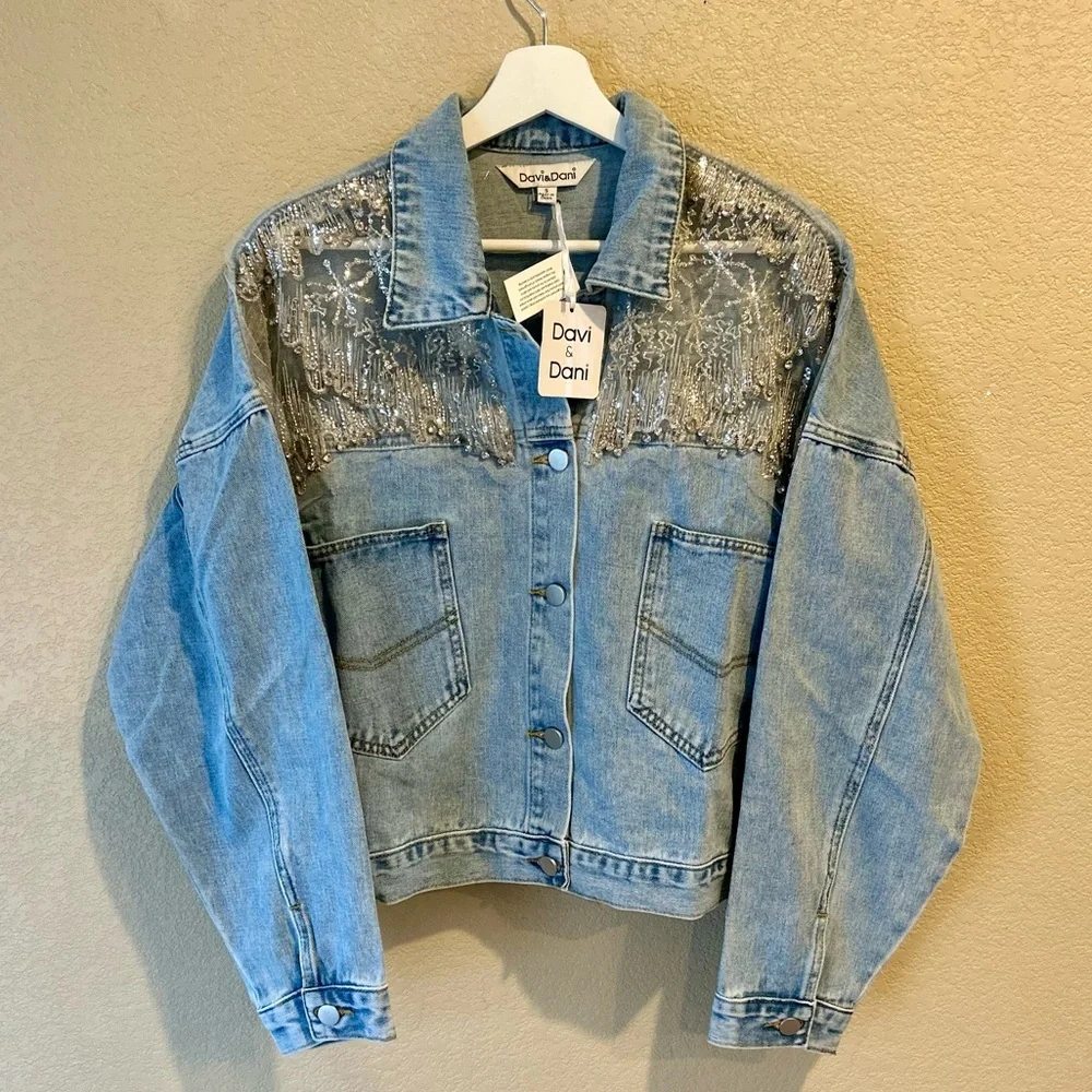 DAVI & DANI NWT Light Blue Cropped Denim Jacket with Sheer Embellishments Size S - Picture 5 of 13